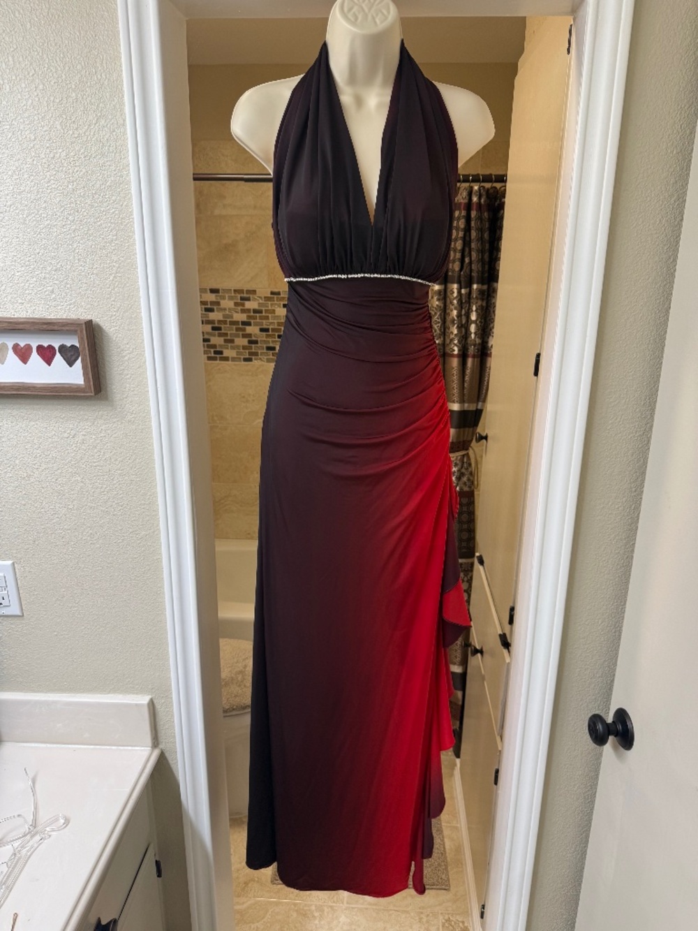 Multi colored halter evening gown with rhinestones
